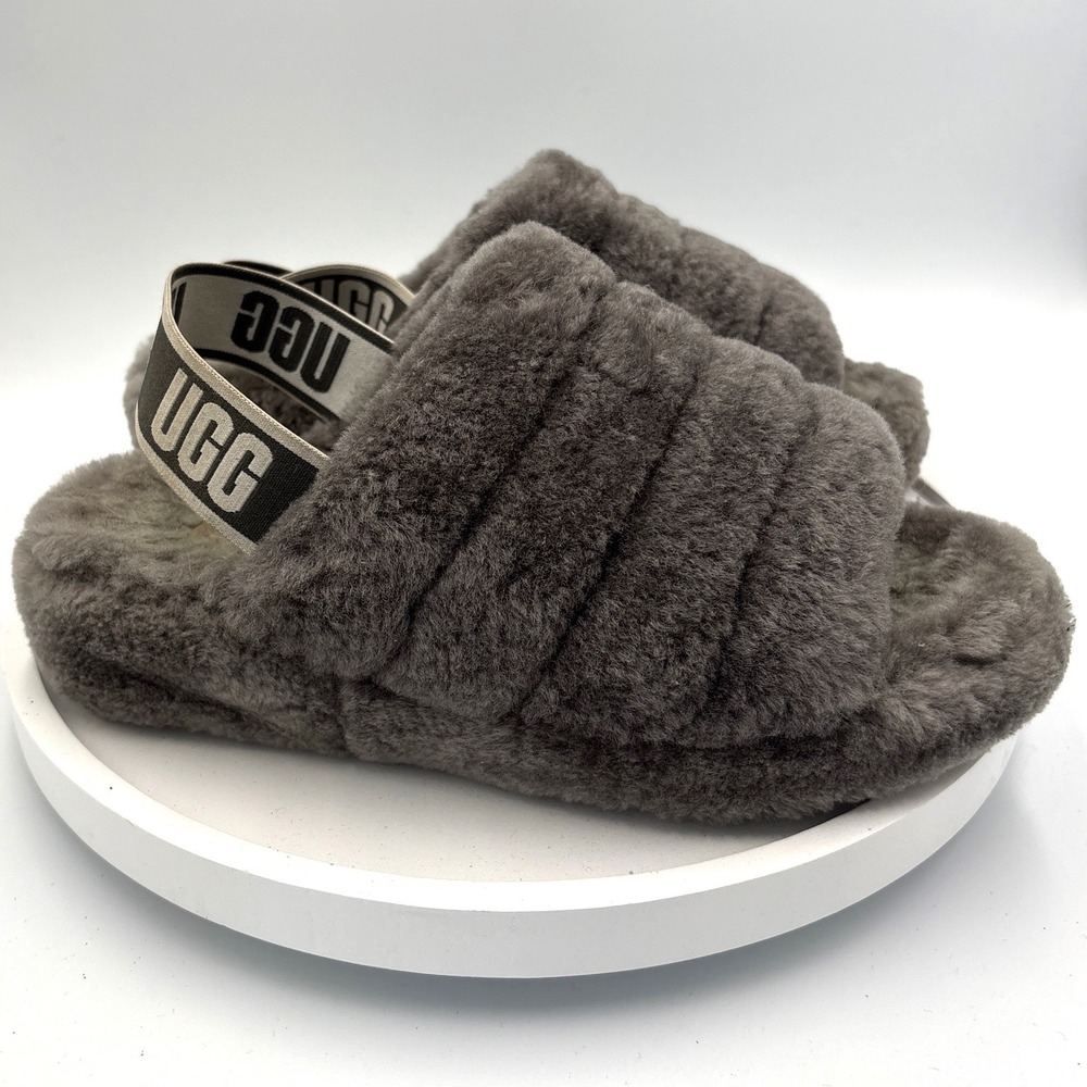 UGG Fluff Yeah Slide Charcoal Gray Sheepskin Platform Slippers 1095119 Womens‎ 7